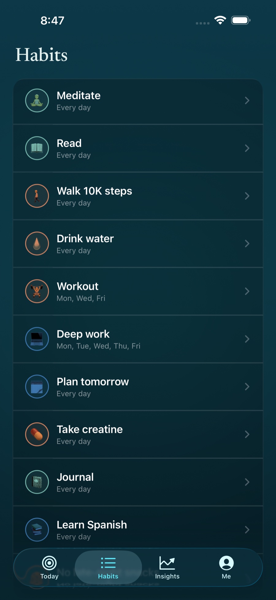 Stasis habit list showing the day's habits and their progress