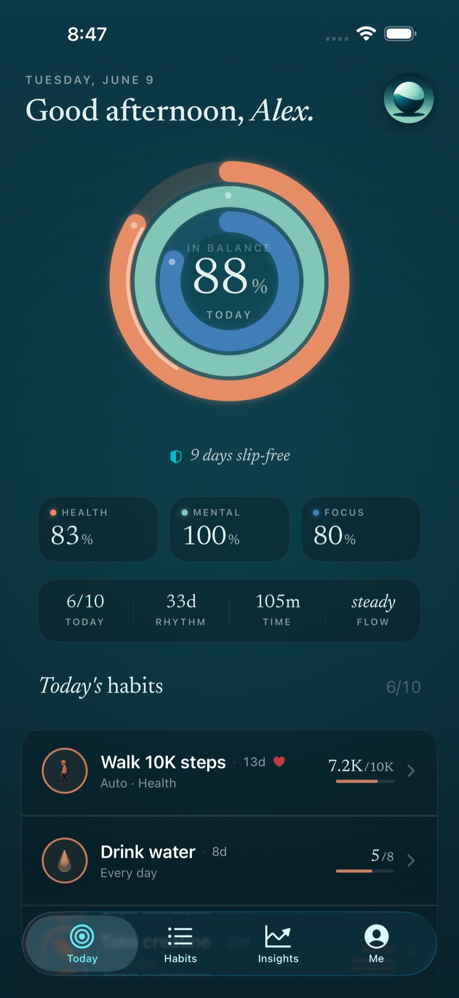 The Stasis Today screen showing three balance rings and the day's habits