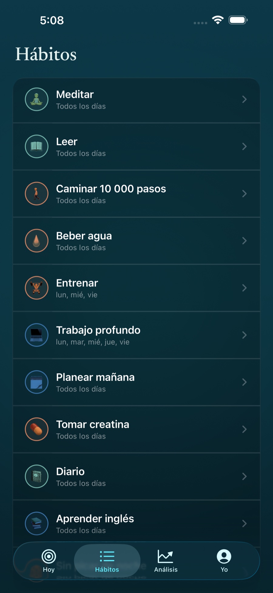 Lista de hábitos de Stasis mostrando los hábitos del día y su progreso
