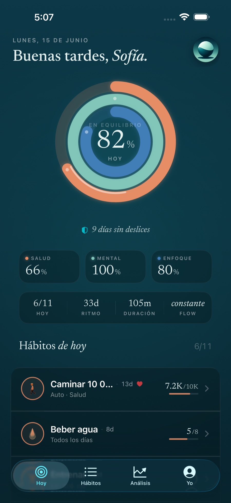La pantalla Hoy de Stasis mostrando los tres anillos de equilibrio y los hábitos del día