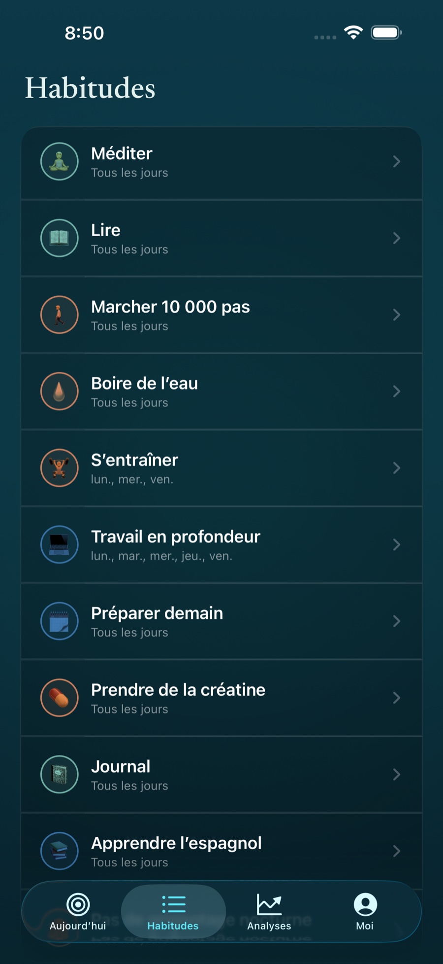 Liste d’habitudes de Stasis montrant les habitudes du jour et leur progression