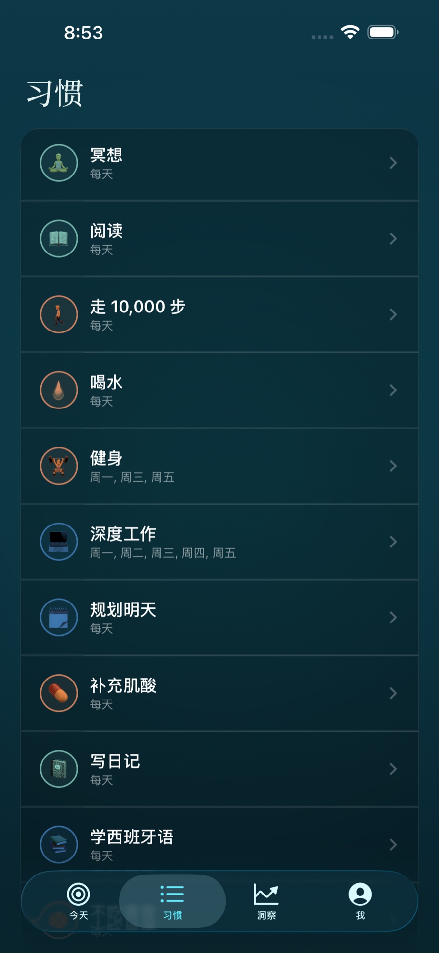 Stasis 习惯清单，显示当日习惯及其进度