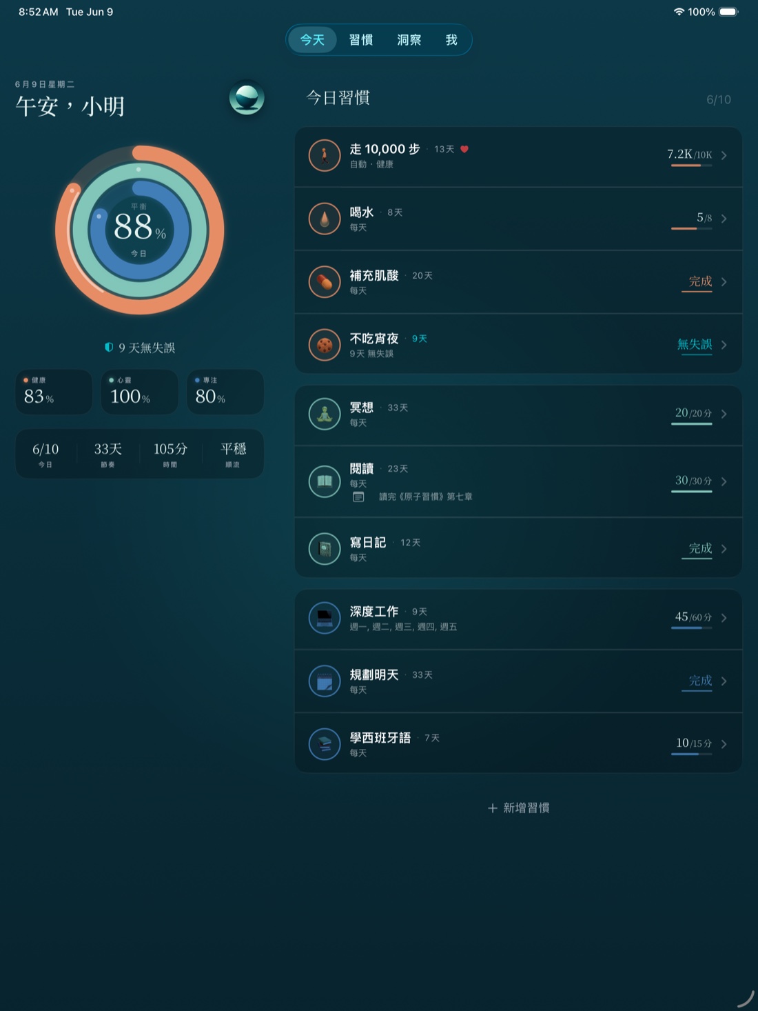 iPad 上的 Stasis，顯示平衡圓環與今日習慣