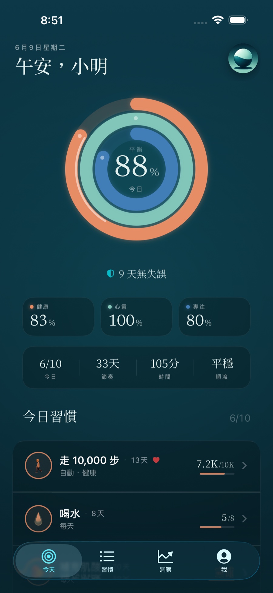 Stasis 今日畫面，顯示三個平衡圓環與當日的習慣
